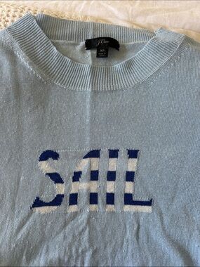 J. Crew ladies Light Blue Crewneck Sweater with Navy and White 'SAIL' Graphic